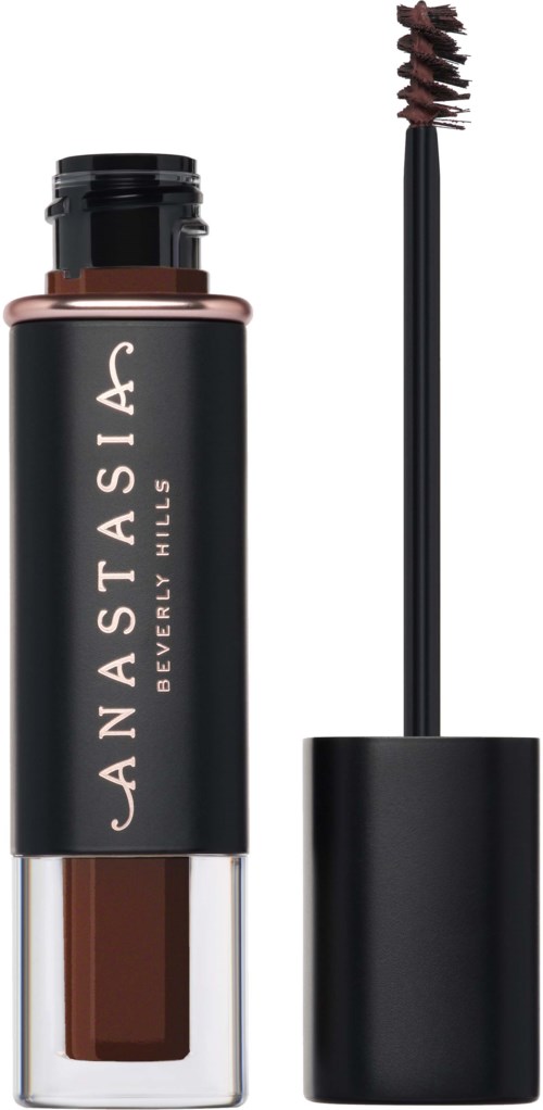 A liquid lipstick pen with black cap and a swatch of dark brown color inside.
