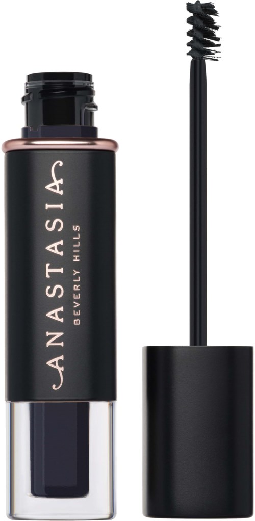 A black and clear mascara tube with the logo 'Anastasia Beverly Hills' and a mascara wand with black bristles.