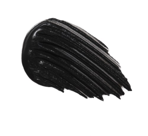 Black paint stroke on white background, appears thick and textured.