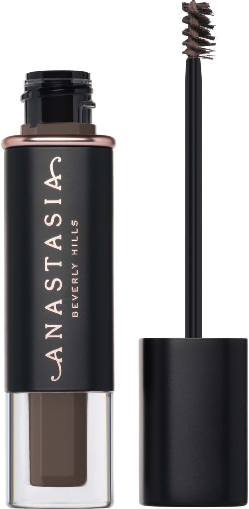 Een zwart en doorzichtige container van Anastasia Beverly Hills wenkbrauwgel met een applicatorborstel.