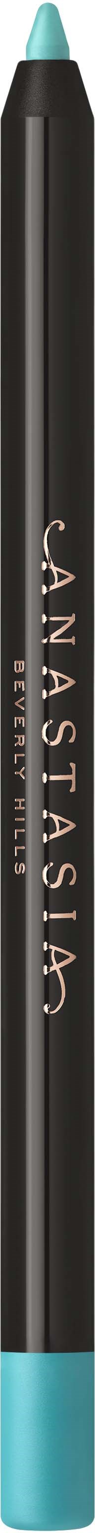 An eyeliner pencil with a teal cap and tip, black body, and the brand name Anastasia written on it.