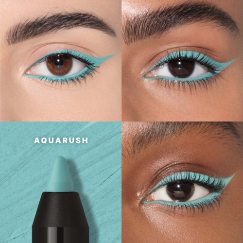Close-up of three eyes with bold, turquoise eye makeup and an illustration of a blue eyeliner pen labeled Aquarush.