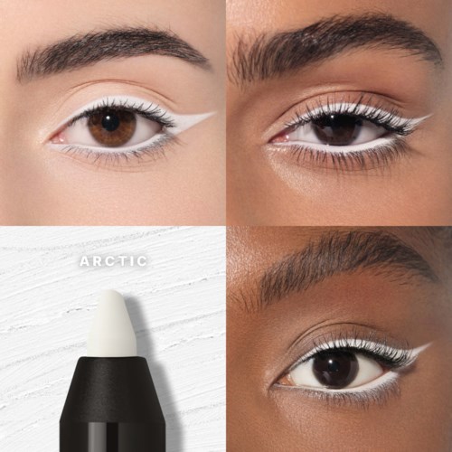 Close-up of eyes with white eyeliner and mascara, showing different eye colors and makeup looks, along with Arctic eye makeup pen.