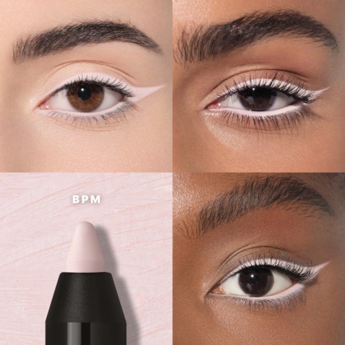 Close-up of eyes with white eyeliner and mascara, with a black and white eye primer or concealer in the bottom left.