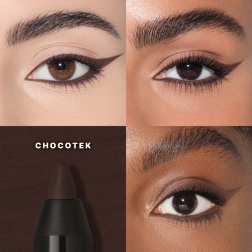 Close-up of four different eye makeup looks and a bottle of Chocotek makeup product.