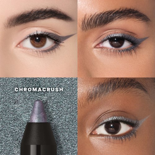 Close-up of three eye makeup looks with different eyeliner styles and colors, including glitter and metallic shades.