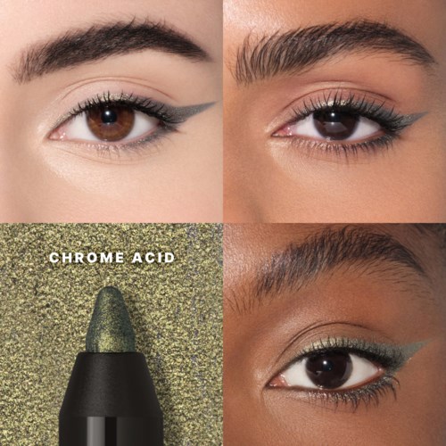 Close-up of three eye makeup looks and a tube of chrome-colored makeup or product.