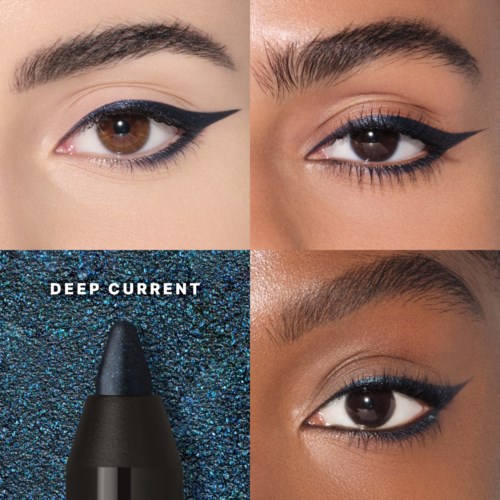 Close-up of four eyes showing different eye makeup styles and an eyeshadow pencil on a blue glittery background.