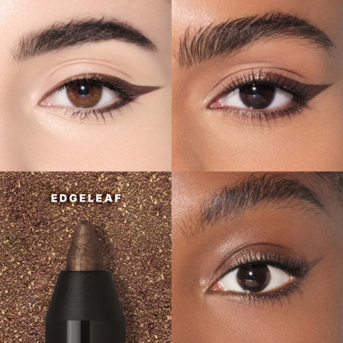 Close-up of three eye makeup looks and an eye shadow stick on a glittery background.