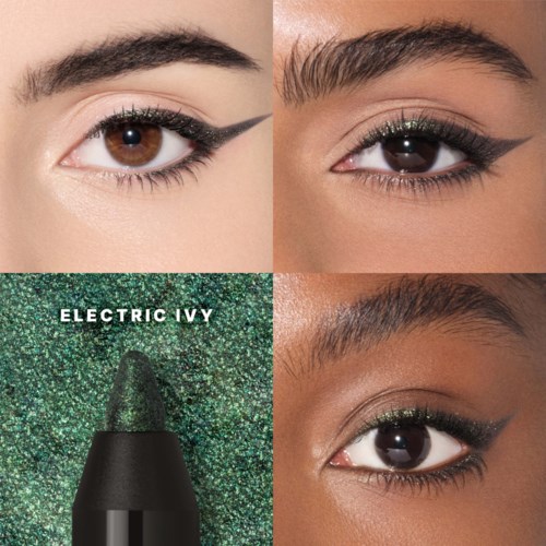 Close-up of three women with makeup on their eyes and eyebrows, and a green glittery eyeshadow called Electric Ivy.