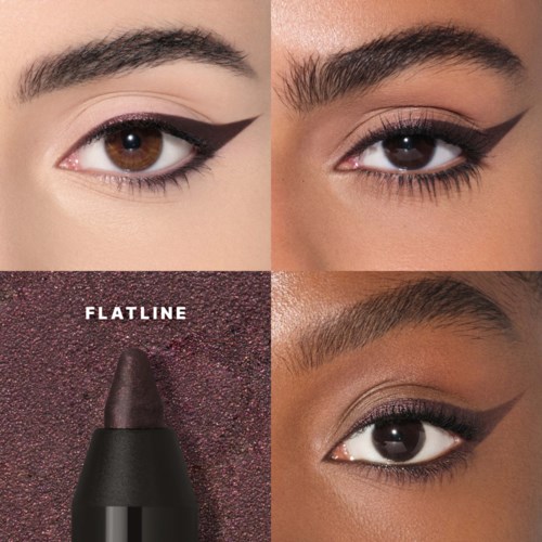 Close-up of three model eyes showing different eye makeup styles and a black lip liner with a pearlized dark lipstick.