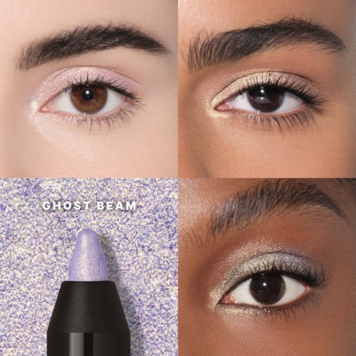 Four eyes with different makeup styles and a purple makeup stick labeled Ghost Beam.