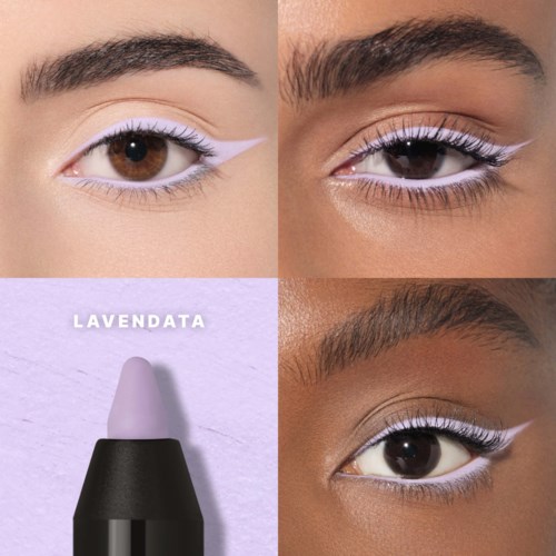Close-up of eyes with lavender and white eye makeup, and a lavender eyeliner pen labeled Lavandata.