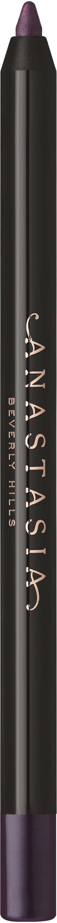 A black eyeliner pencil with a purple tip and the Anastasia logo printed on it.