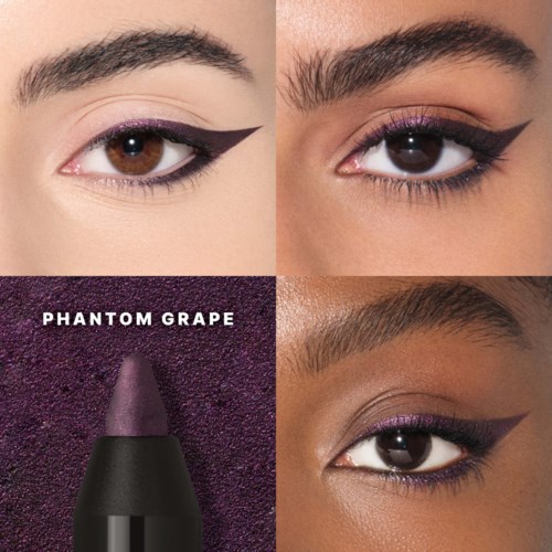 Close-up of three models showing eye makeup, with purple lipstick swatch labeled Phantom Grape.