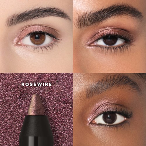 Close-up of four eye makeup looks using pink and brown shades, showcasing different eye colors and styles.