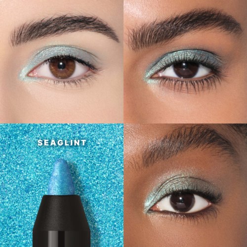Close-up of eyes with blue-green eyeshadow, and a blue eyelid applicator with 'Seaglint' written on a sparkly background.