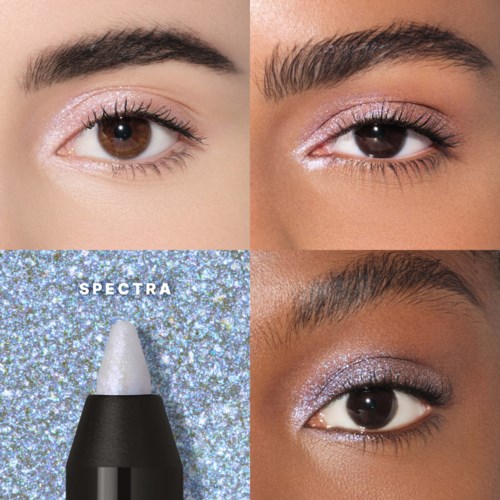 Close-up of four eyes with shimmery pink eyeshadow and groomed eyebrows, and a glittery Spectra makeup product.