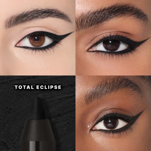 Four close-up images of eyes with black eyeliner, along with a black eyeliner pen and the text TOTAL ECLIPSE.