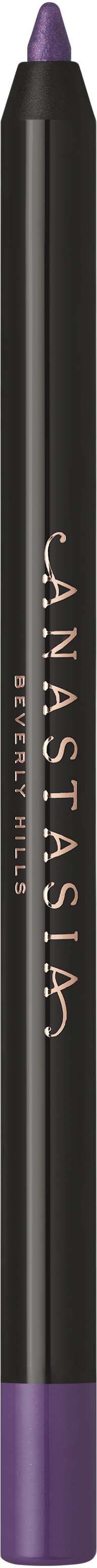 A black eyeliner pencil with purple cap and tip, labeled Anastasia Beverly Hills. Product sleek and slim.