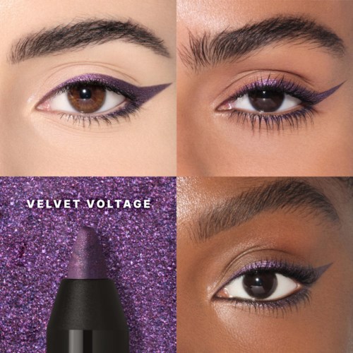 Close-up of three eyes showing purple eye makeup, with a velvet purple lipstick tube below. Logo with purple glitter texture.