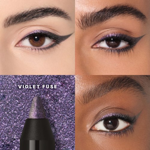 Close-up of three eyes with purple glitter eyeshadow and bold eyeliner, and a purple glitter eyeshadow product named Violet Fuse.