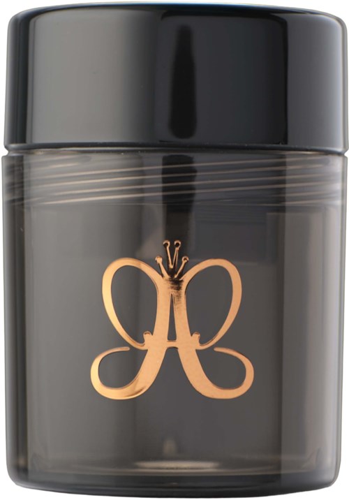 Gray jar with a gold butterfly logo on the front and a black lid.