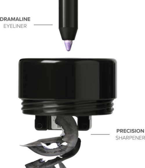 Cosmetic products include a purple eyeliner pen, a black container labeled Dramaline and a precision sharpener below.