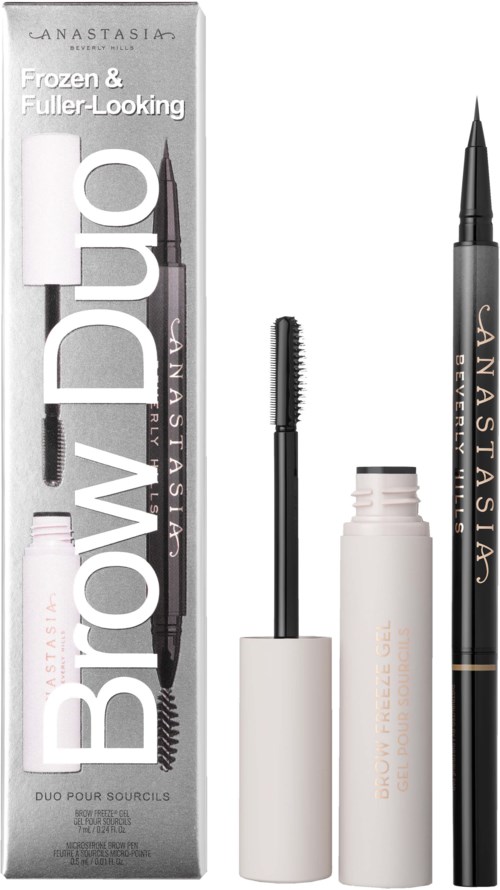 A boxed eyebrow kit with a brush, spoolie, and brow pencil from Anastasia, designed for full, frozen-looking brows.