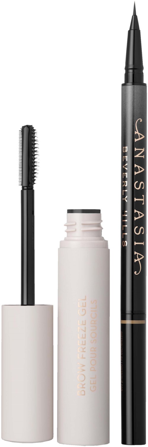 An Anastasia brow pen, a white bottle of product, and a spoolie brush with a black handle.