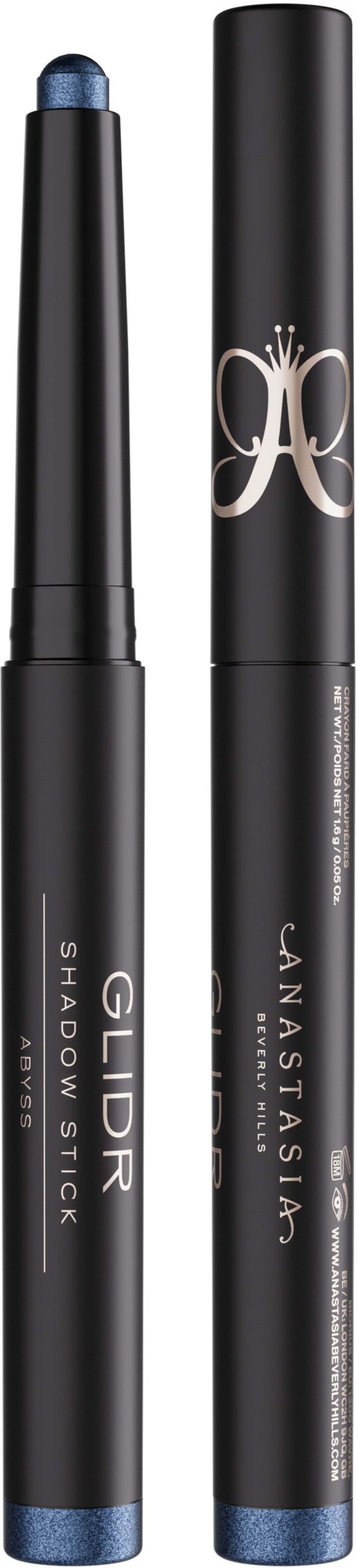 Zwei schwarze Kosmetikstifte mit blauen Spitzen, beschriftet 'GLIDR SHADOW STICK' und 'JANSATIS'.