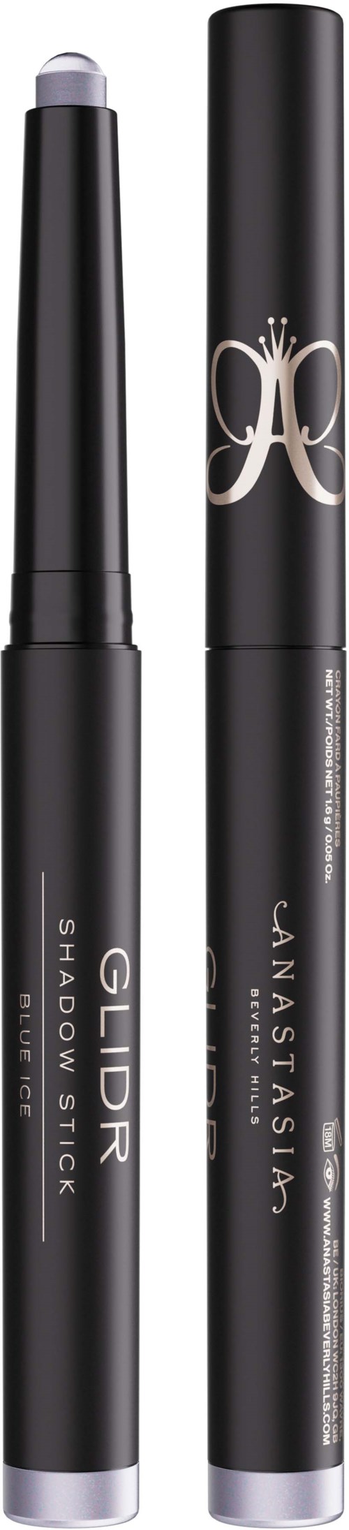 Zwei schwarze Make-up-Stifte, einer mit weißer Spitze und Beschriftung, der andere mit dekorativem Design auf dem Deckel.