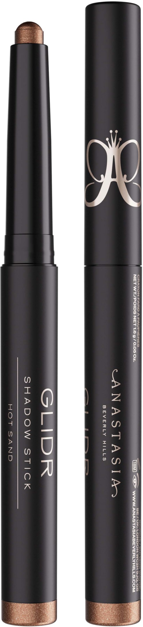 Two black makeup sticks, one labeled 'GILD Shadow Stick' and the other 'JANSATINA', with the caps removed showing the sticks.
