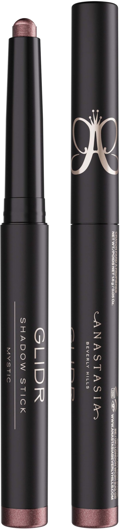 Zwei schwarze Make-up-Stifte mit Silber- und Weißtext sowie Logos, eines mit offener Spitze zeigt Farbe.