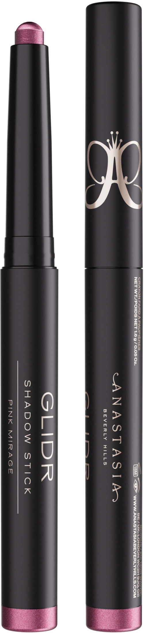 Twee zwarte make-upstiften met roze punten, gelabeld 'GLDR SHADOW STICK' en 'JANSTASIA'.