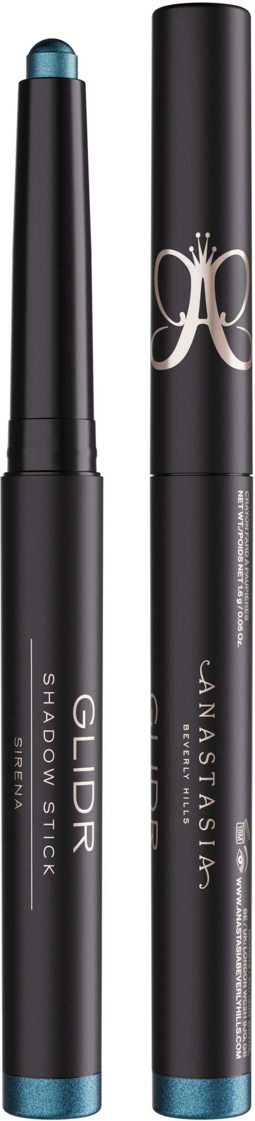 Twee zwarte make-up-sticks met blauwe punten, labels 'GLIDR Shadow Stick' en 'Juvia's Place'.