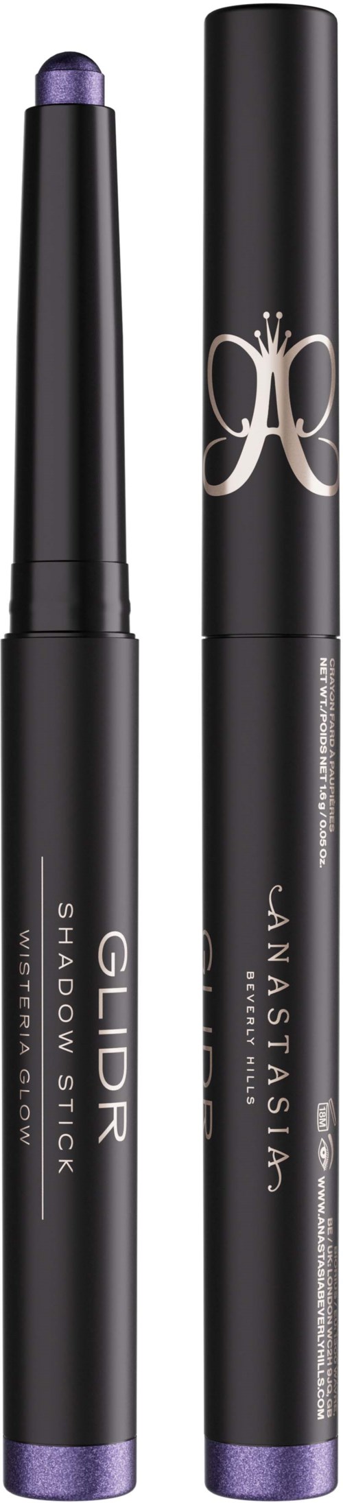 Twee paarse en zwarte make-up-sticks, een met label GLDR Shadow Stick en andere met een decoratief logo.
