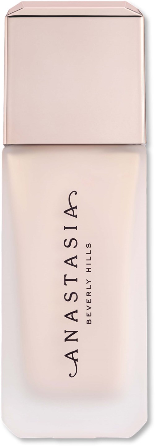 Eine lange, elegante Flasche mit einem sanften rosa Verschluss und weißem Körper, beschriftet Anastasia Beverly Hills.