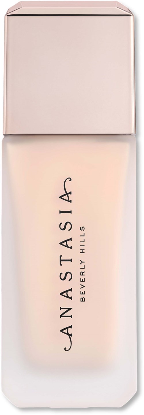 Eine Flasche Foundation mit einfachem, elegantem Design, gekennzeichnet Anastasia Beverly Hills, in blassrosa Farbe.