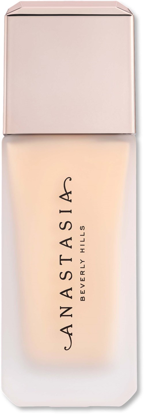 Eine beigefarbene Flasche mit glänzendem rosa Deckel und schwarzem Text, der Anastasia Beverly Hills liest.