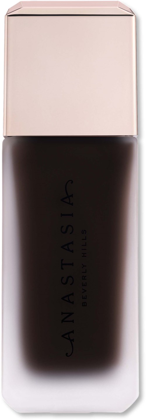Eine dunkle Flasche mit hellrosa Kappe und schwarzen Text, beschriftet Anastasia Beverly Hills.