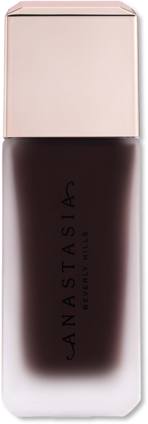 Dunkle braune FlüssigFoundation in elegantem weißen Flasche mit goldener Kappe, beschriftet Anastasia Beverly Hills.