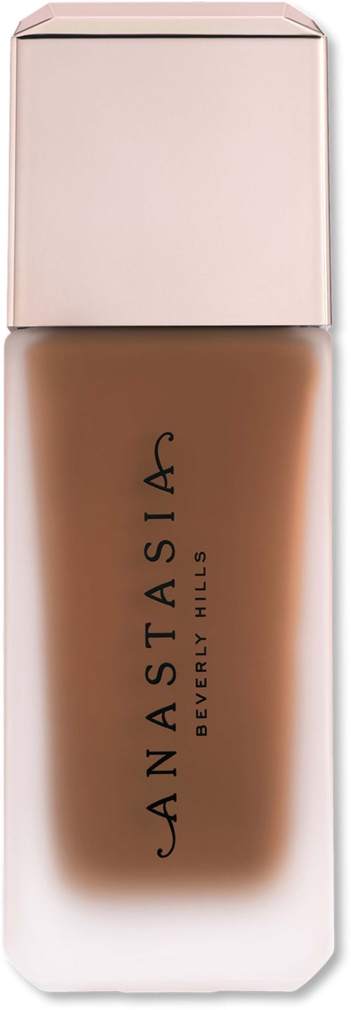 Eine Flasche Flüssigfoundation mit einfachem weißen und transparentem Design, beschriftet Anastasia Beverly Hills.