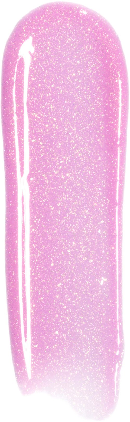 Nærbilde av rosa neglelakk med glitter og blank overflate.