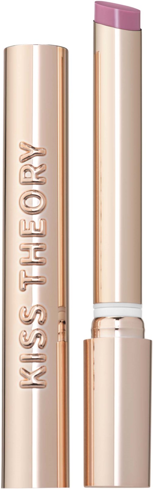 Leppestift med lyst, lyse rosa hette og beige tube, åpen for å vise den rosa leppefargen.