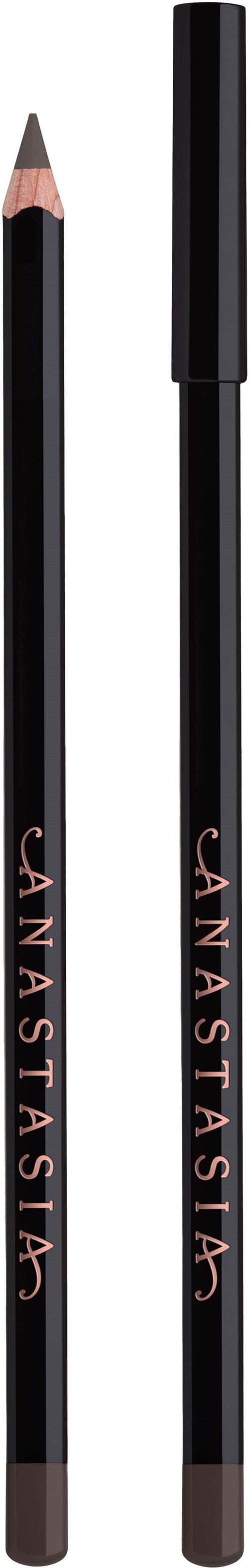 Twee zwarte make-up potloden met roze tekst, één met een geslepen punt en de ander met de dop.