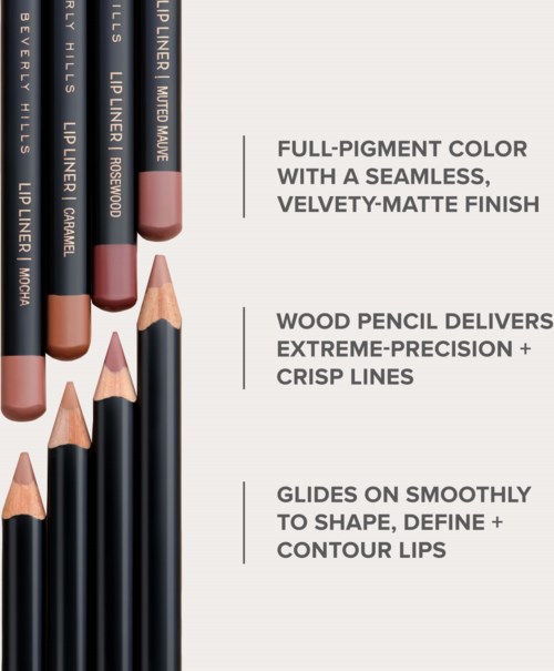 Lippenpotloden in verschillende tinten, met een houtpotlood en een spons. Tekst beschrijft kleuren, precisie en lipcontour.