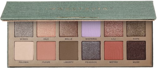 Een make-up palet met twaalf oogschaduwkleuren in diverse kleuren en afwerkingen, in een rechthoekige doos met een groene deksel.