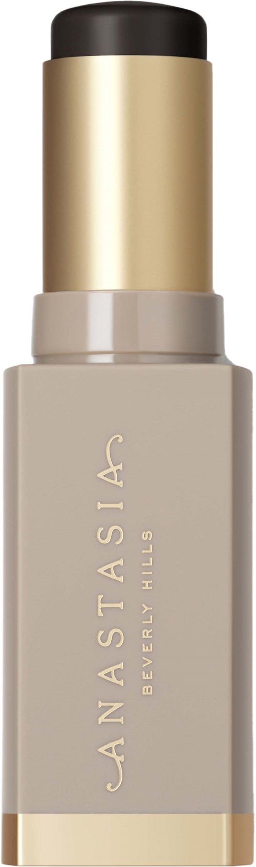 A foundation bottle with a black cap and gold and beige body, labeled 'Anastasia Beverly Hills.'