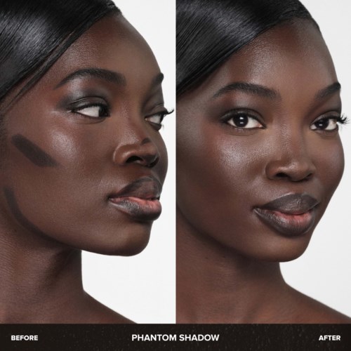 A woman’s face before and after using a makeup product called Phantom Shadow, showing a natural and a more enhanced look.
